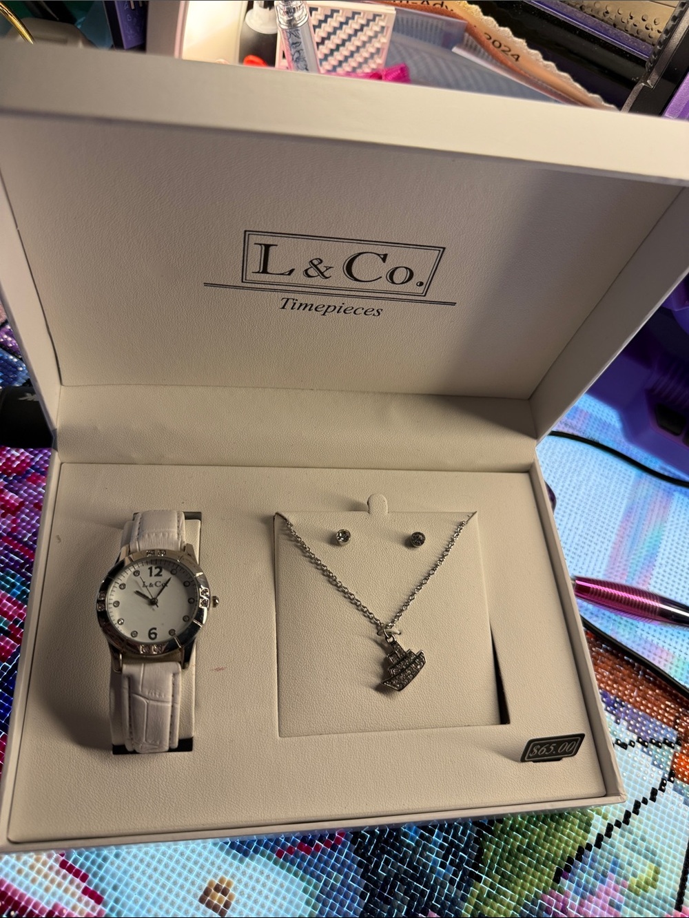 White Leather Watch and Silver Necklace Set